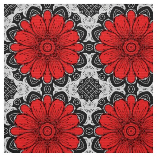 Geometric Daisy Pattern in Red Black & White Fabric