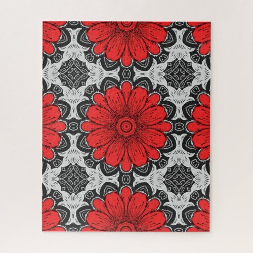 Geometric Daisy Pattern in Red Black  White  Jigsaw Puzzle