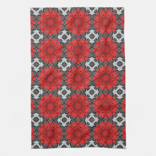 Geometric Daisy Pattern in Red Black & White Kitchen Towel