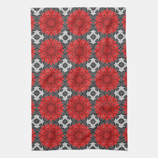 Geometric Daisy Pattern in Red Black & White    Kitchen Towel (Vertical)