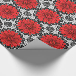 Geometric Daisy Pattern in Red Black & White Wrapping Paper