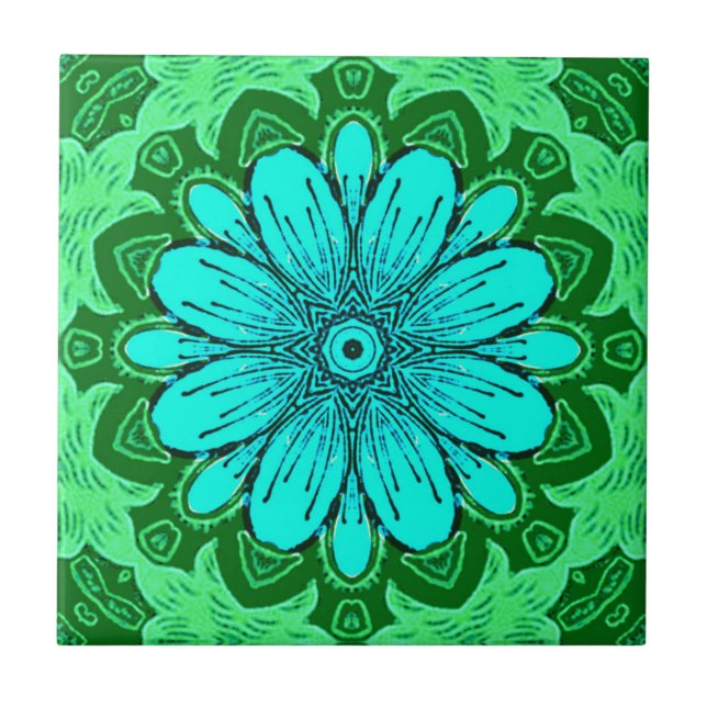 Geometric Daisy Pattern in Turquoise and Green   Ceramic Tile (Front)