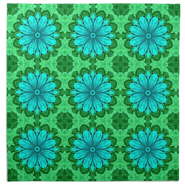Geometric Daisy Pattern in Turquoise and Green   Cloth Napkin (Front)