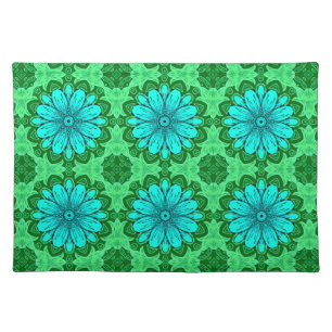 Geometric Daisy Pattern in Turquoise and Green Cloth Placemat