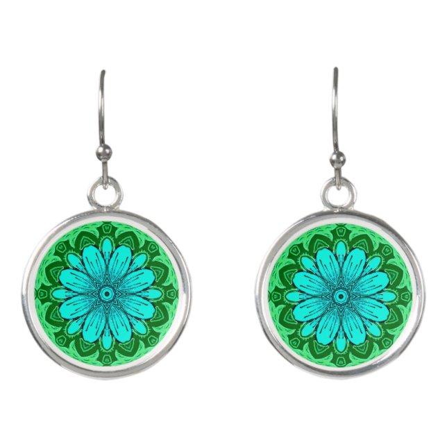 Geometric Daisy Pattern in Turquoise and Green   Earrings (Front)