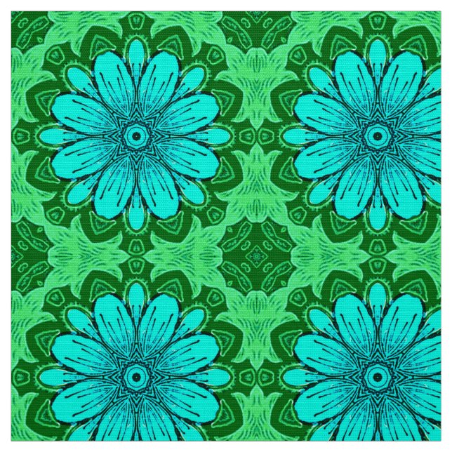 Geometric Daisy Pattern in Turquoise and Green Fabric (Swatch)