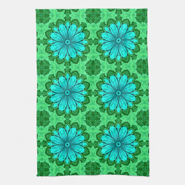 Geometric Daisy Pattern in Turquoise and Green   Kitchen Towel (Vertical)