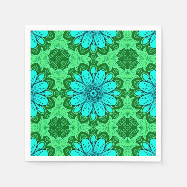 Geometric Daisy Pattern in Turquoise and Green Napkins (Front)