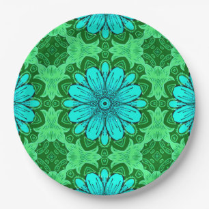 Geometric Daisy Pattern in Turquoise and Green Paper Plates