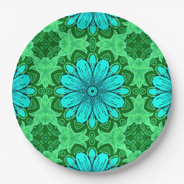 Geometric Daisy Pattern in Turquoise and Green Paper Plates (Front)