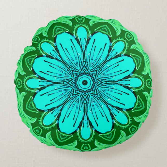 Geometric Daisy Pattern in Turquoise and Green   Round Pillow (Front)