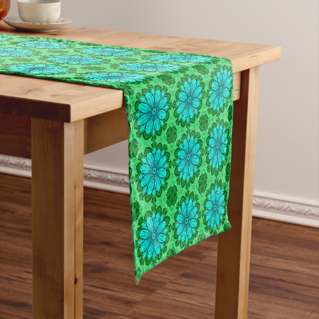 Geometric Daisy Pattern in Turquoise and Green   Short Table Runner (In Situ)