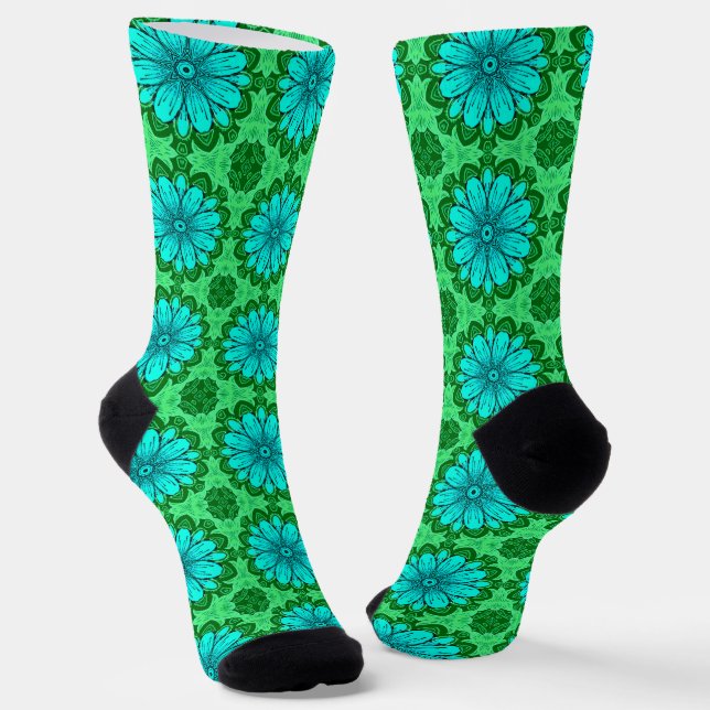 Geometric Daisy Pattern in Turquoise and Green   Socks (Angled)