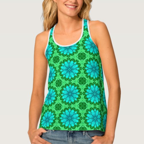Geometric Daisy Pattern in Turquoise and Green   Tank Top