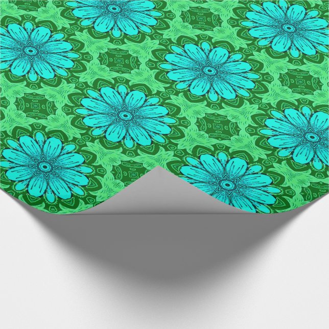 Geometric Daisy Pattern in Turquoise and Green   Wrapping Paper (Corner)
