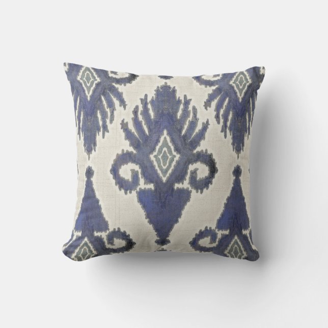 Geometric Damask IKAT Tribal Bohemian Pattern Navy Throw Pillow (Front)