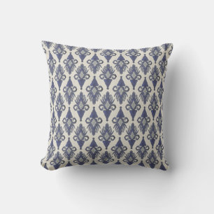 Geometric Damask IKAT Tribal Bohemian Pattern Navy Throw Pillow