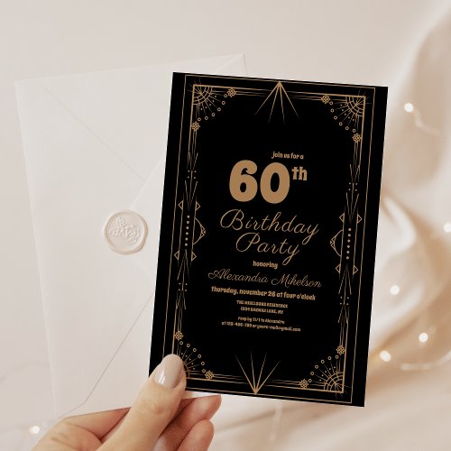 Geometric Dark Black Gold Gatsby 60th Birthday Invitation