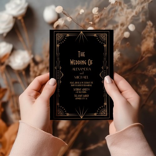 Geometric Dark Black Gold Gatsby Wedding Invitation