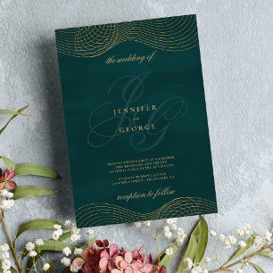 Geometric dark green gold monogram initial wedding invitation