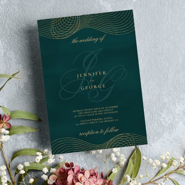 Geometric dark green gold monogram initial wedding invitation (Geometric dark green gold monogram initial wedding)