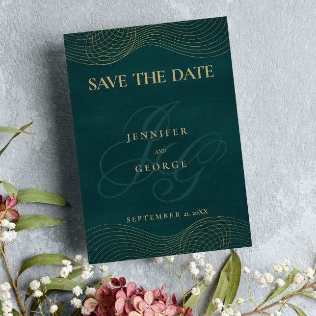 Geometric dark green gold monogram Save The Date (Geometric dark green gold monogram Save The Date)