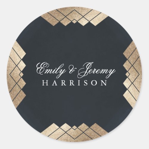Geometric Dark Navy Gold Gatsby Wedding Classic Round Sticker