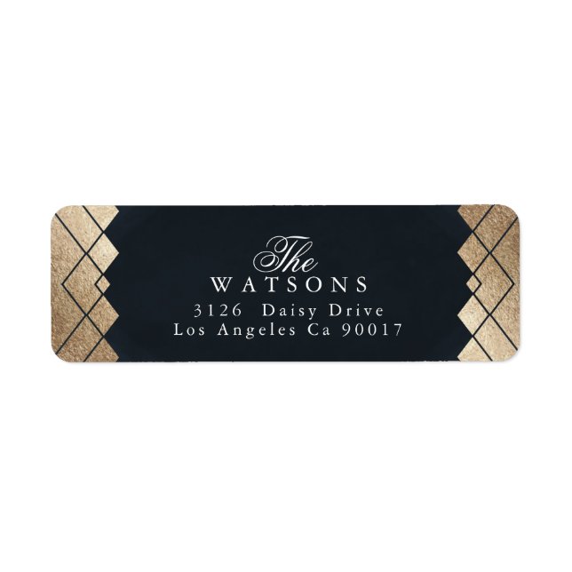 Geometric Dark Navy Gold Gatsby Wedding Label (Front)