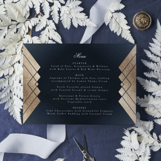 Geometric Dark Navy Gold Gatsby Wedding Menu (Creator Uploaded)