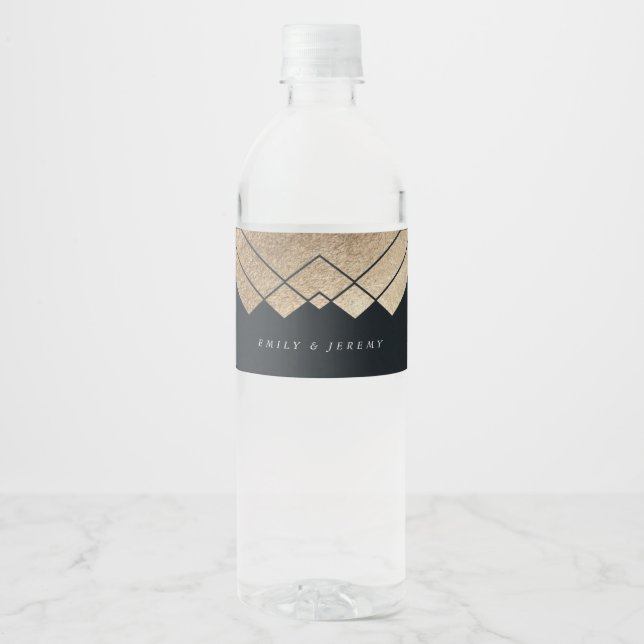 Geometric Dark Navy Gold Gatsby Wedding Water Bottle Label (Front)