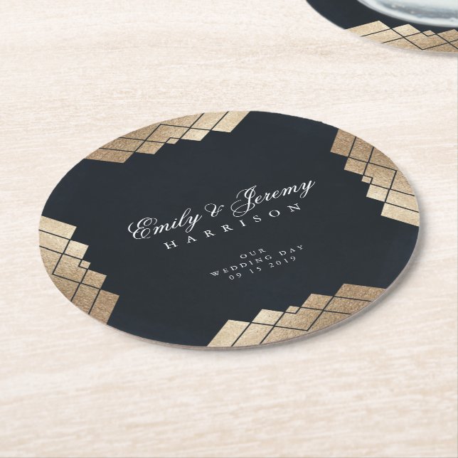 Geometric Dark Navy Gold Wedding Round Paper Coaster (Angled)