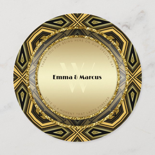 Geometric Deco Gold Black Round Wedding Menu Card (Back)