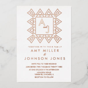 Geometric Decorative  Heart Border Wedding Pressed Foil Invitation