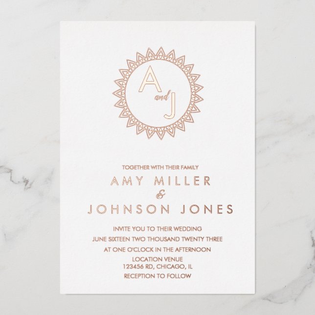 Geometric Decorative Heart Circle Wedding Pressed Foil Invitation (Front)