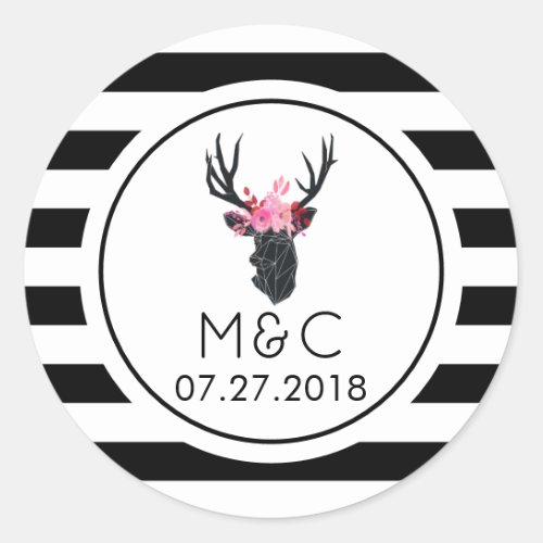 Geometric Deer Head on BW Stripes Classic Round Sticker