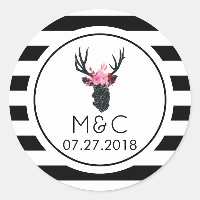 Geometric Deer Head on B&W Stripes Classic Round Sticker (Front)