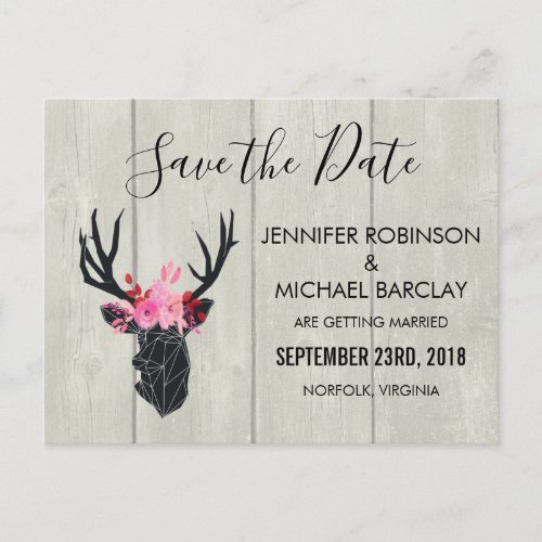 Geometric Deer Head w Floral Crown on Fake Wood Announcement Postcard