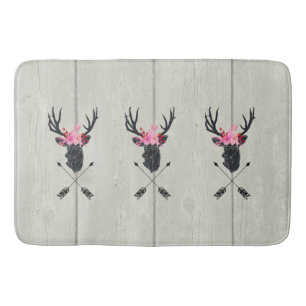 Geometric Deer Head w/ Floral Crown on Fake Wood Bath Mat
