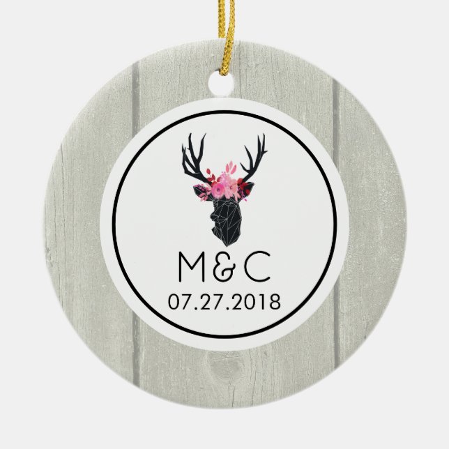 Geometric Deer Head w/ Floral Crown on Fake Wood Ceramic Ornament (Front)