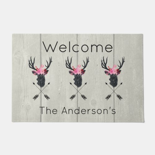 Geometric Deer Head w Floral Crown on Fake Wood Doormat