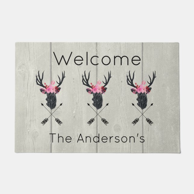 Geometric Deer Head w/ Floral Crown on Fake Wood Doormat (Front)