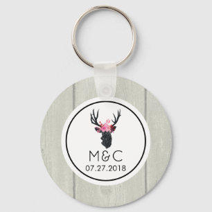 Geometric Deer Head w/ Floral Crown on Fake Wood Keychain