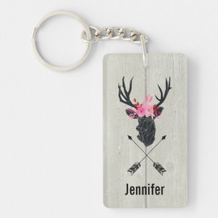 Geometric Deer Head w/ Floral Crown on Fake Wood Keychain