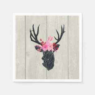 Geometric Deer Head w/ Floral Crown on Fake Wood Napkins