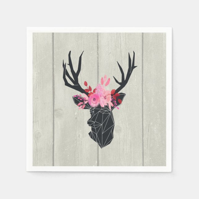 Geometric Deer Head w/ Floral Crown on Fake Wood Napkins (Front)