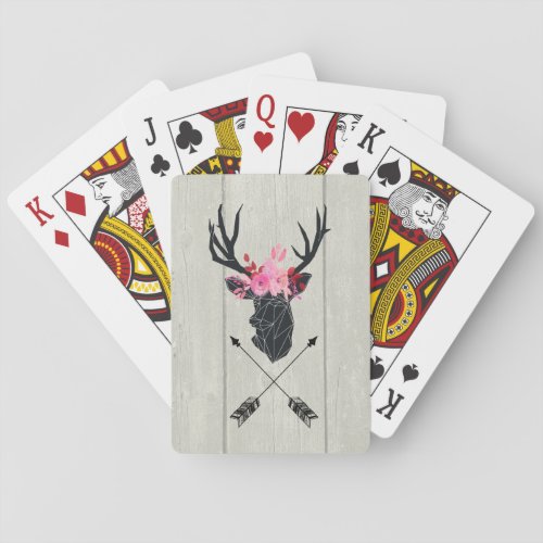 Geometric Deer Head w Floral Crown on Fake Wood Playing Cards