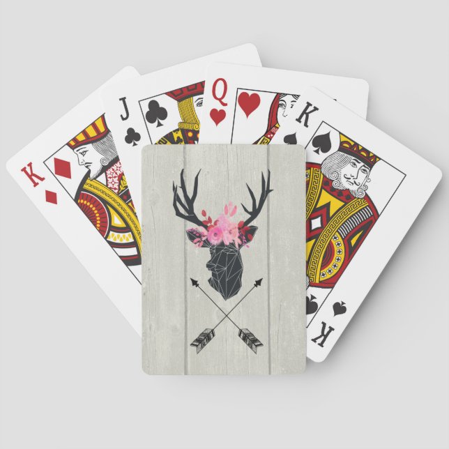 Geometric Deer Head w/ Floral Crown on Fake Wood Poker Cards (Back)