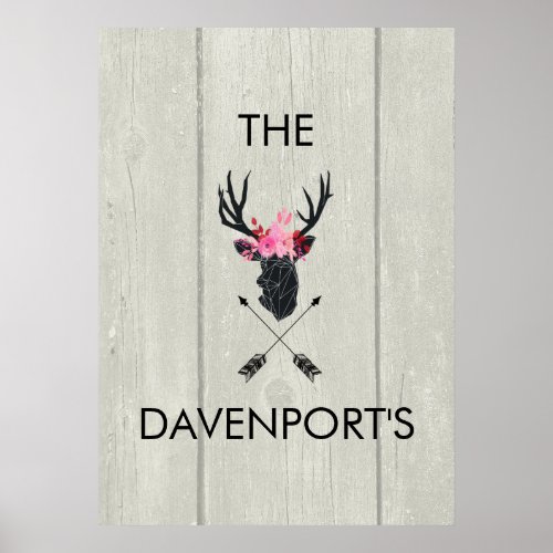 Geometric Deer Head w Floral Crown on Fake Wood Poster