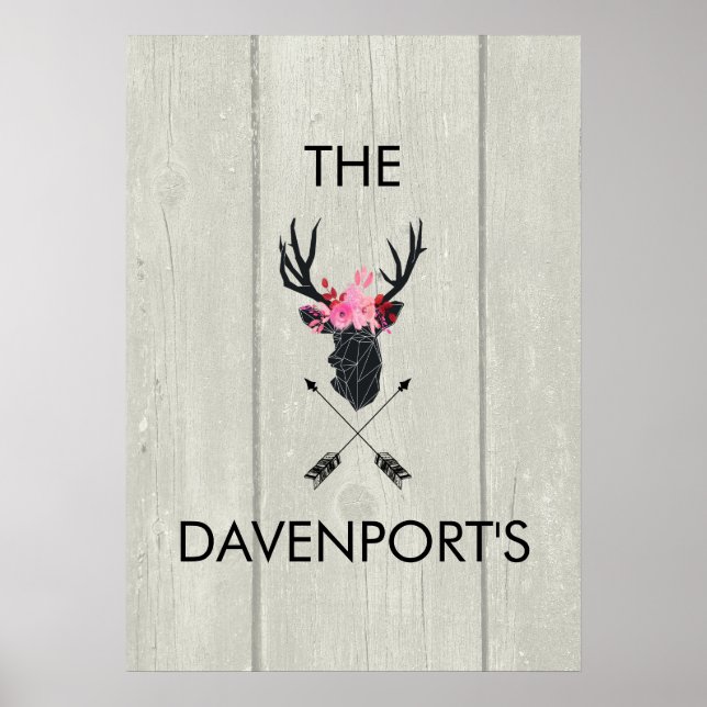 Geometric Deer Head w/ Floral Crown on Fake Wood Poster (Front)