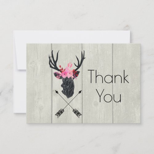 Geometric Deer Head w Floral Crown on Fake Wood Thank You Card